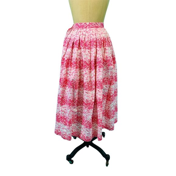 Vintage 50s Pink Skirt Womens XXS Cotton Full Skirt Floral Leaf Print Striped - Picture 8 of 9